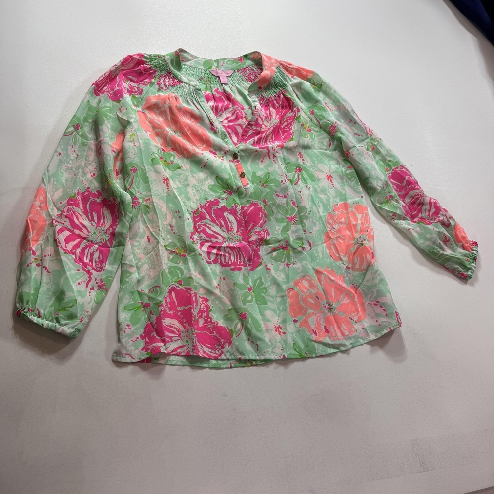 Lilly Pulitzer Blouse Womens‎ Small Multicolor Floral Silk Henley Tunic